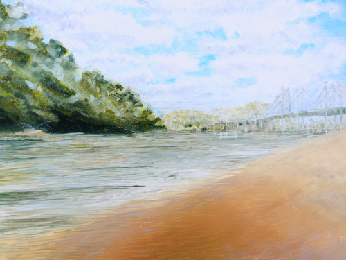 Sylvan slough oil painting with i74 bridge and beach mphl9j