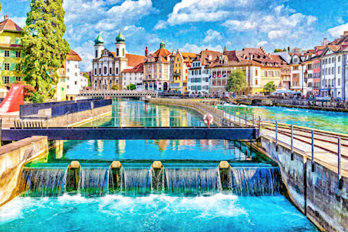 Luzern switzerland. summer with small waterfall artsy impressionalist l8qt1d