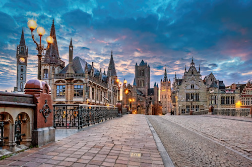 Ghent belgium with bridge and sunrise x4hcdx