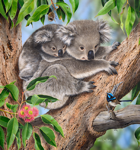 Koala (Phascolarctos cinereus) with her joey and a Rainbow Lorikeets  (Trichoglossus moluccanus) Australian Wildlife Art by