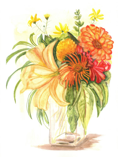 Fp orange zinnias yellow oriental lily watercolor 9x12 600dpi for tbone ui2nn9