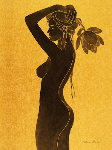 Girl holding a lotus flower on a gold background umtejq