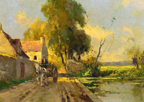 65. countryside landscape cart by pond aadxo0