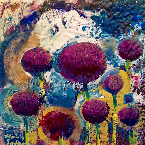 Purple Flowers Floral Allium Encaustic Wax And Mixed Media