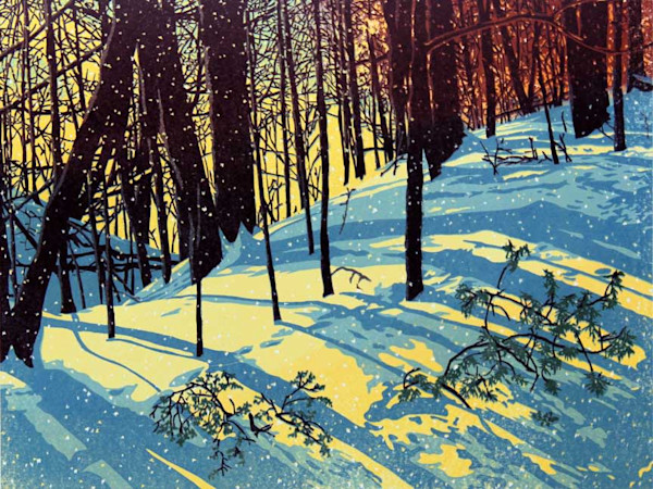 Sunshine Snowfall, linocut print by William Hays