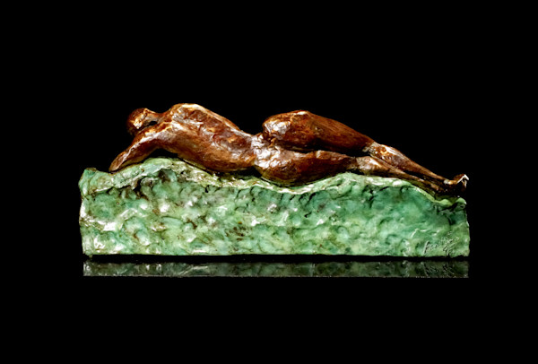 Original Figurative Bronze Relief Abstract Sculpture Limited Edition Sleeping Nude Green Sea