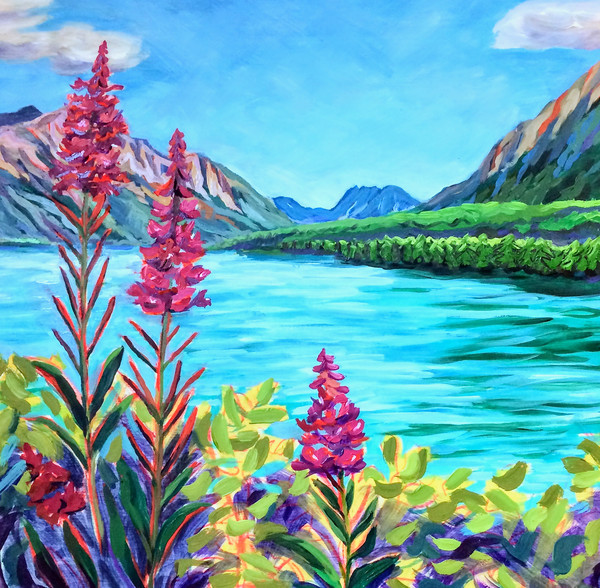 Summer's End alaska fireweed Art print Wall art mountain scene print home decor sale landscape colorful acrylic painting corso graphics