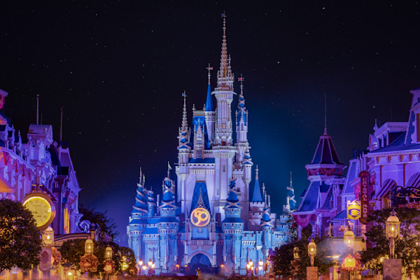 White and Blue Cinderella Castle Disney Art by William Drew
