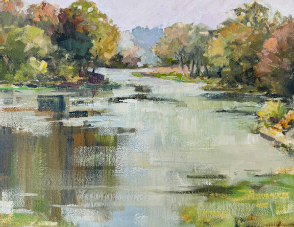 Colorful original small oil painting landscape plein air alla prima outlet tonal new england fall autumn foliage pond lake water rainbow