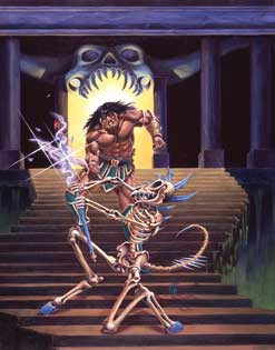 A painting by Melissa A Benson of a Conan type barbarian fighting a skeleton wizard on the stairs.