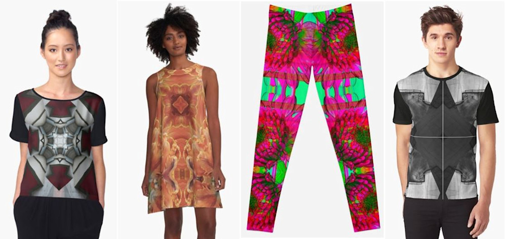 Here are photos of 4 of my Redbubble products including a chiffon blouse, an A-Line dress, leggings, and a nice men's shirt.