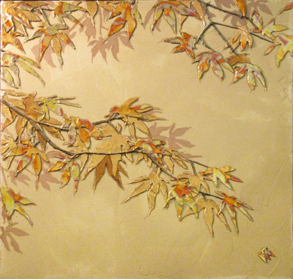 Be Leaf I low bas relief fine art of maples leaves gilded in copper