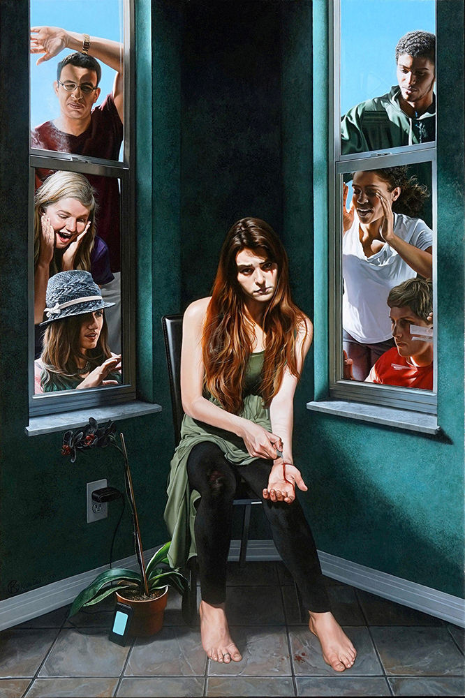 Realism artist Kevin Grass's "Final Post : (" painting is about the types of extremes like suicide that can be the result of cyberbullying.