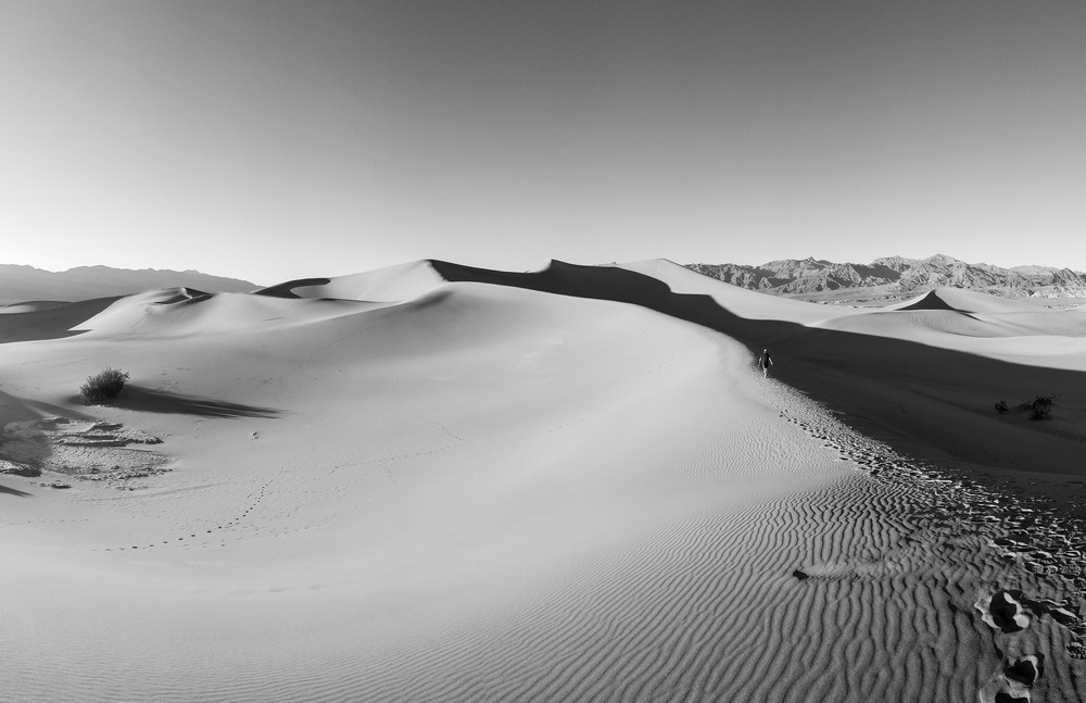 black and white image of Mesquite Flat sand dunes in Death valley National Park