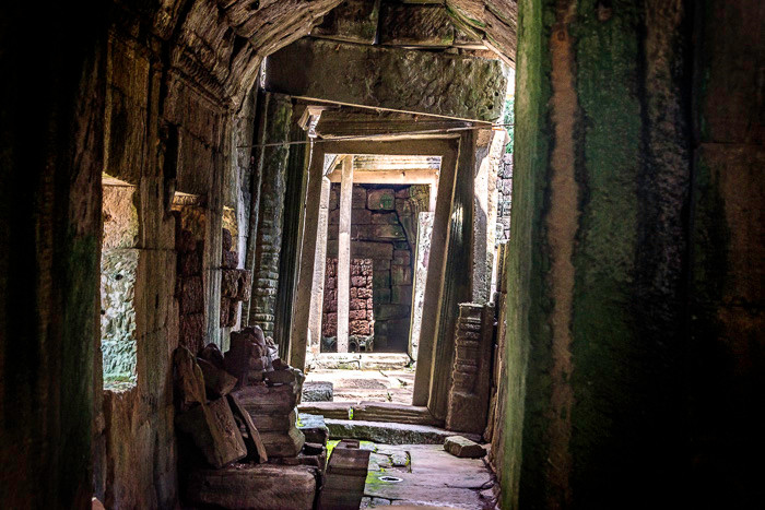 A series of doors leading to a brick wall in one of the temples of Angkor Wat in Cambodia