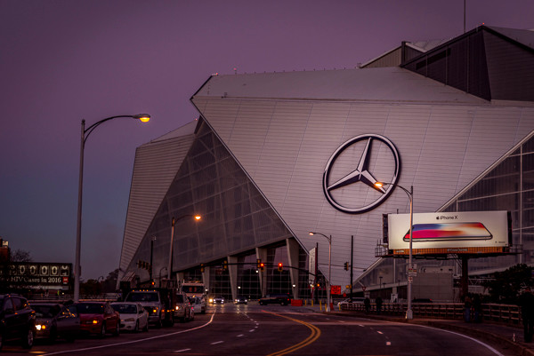 A photo of the Mercedes Benz Stadium in downtown Atlanta