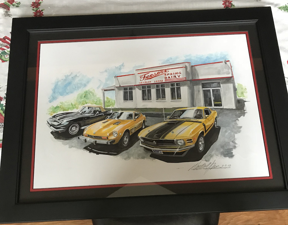 mustang, datsun, corvette, commissioned art