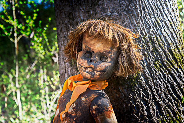 A burned and blackened-looking doll's head and part of a body propped against a tree