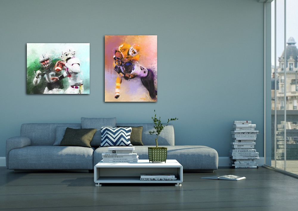 Artist Mark Trubisky's sports impressionist paintings hanging in a living room