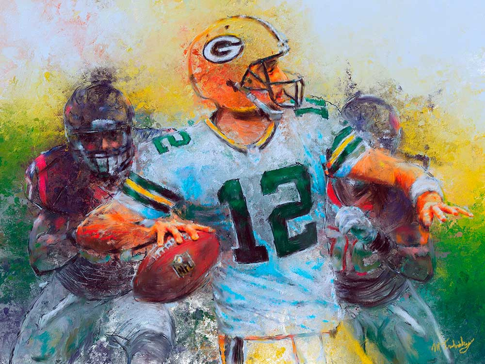 Final painting of Aaron Rodgers by sports artist Mark Trubisky