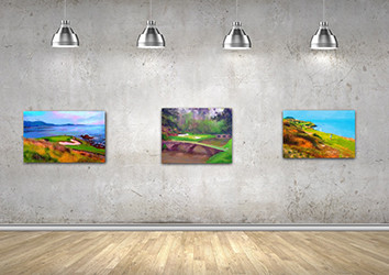 Gallery wall of golf course paintings by sports artist Mark Trubisky