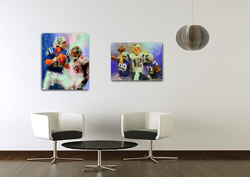 Peyton Manning and Tom Brady football paintings hanging in a lobby by sports artist Mark Trubisky