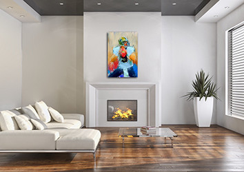 Drew Brees painting hanging over fireplace by sports artist Mark Trubisky