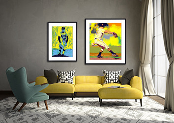 Baseball paintings hanging in a contemporary living room