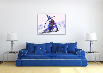 Downhill ski painting by sports artist Mark Trubisky hanging on a family room wall