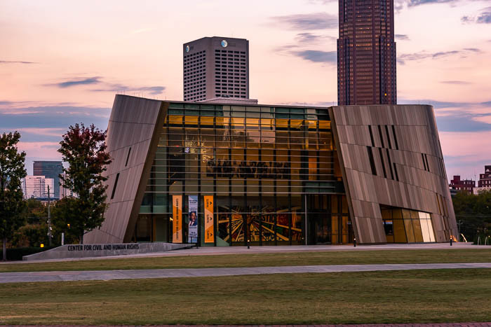 A sunset view of the Center for Civil and Human Rights