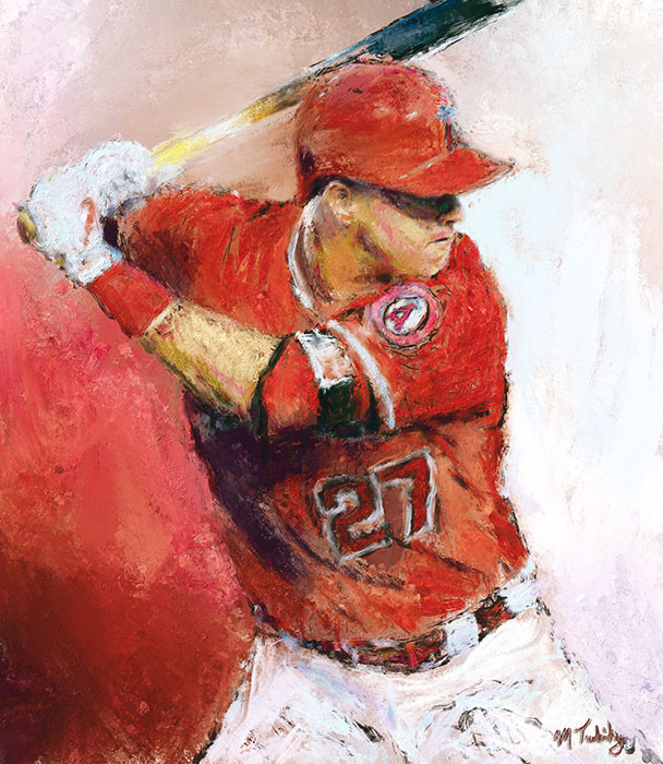 Painting of Mike Trout by sports artist Mark Trubisky