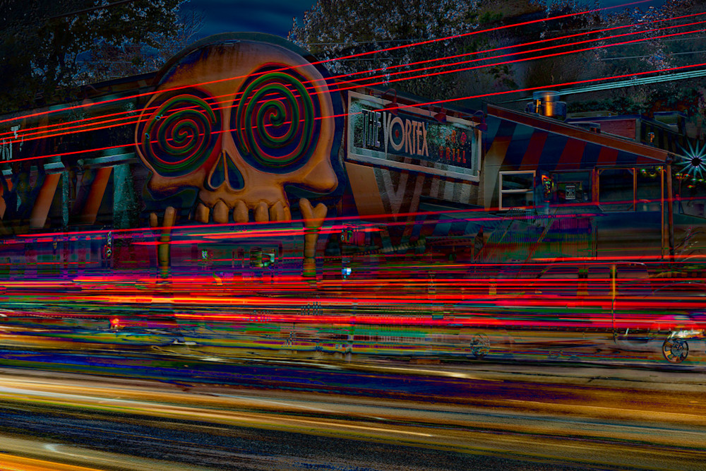 Light trails in front of the Vortex in Little 5 Points