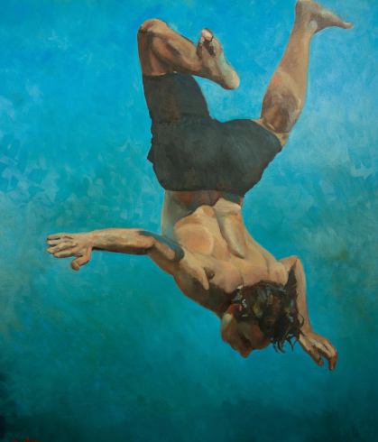 Plunge oil painting showing a man floating weightless in water