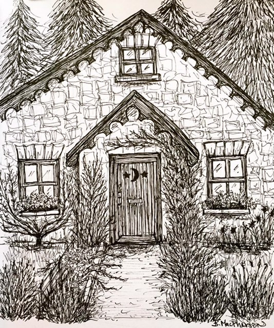 Fairytale Cottage Pen and Ink Illustration by Becky MacPherson