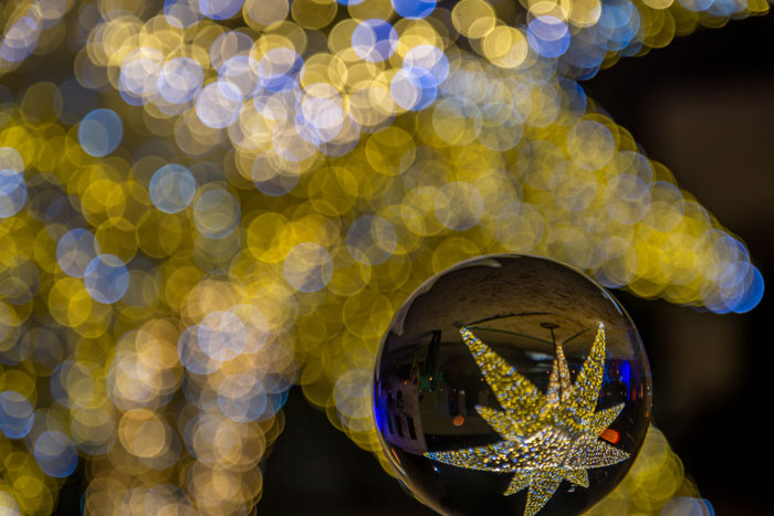 Reflections of a lit-up Christmas star in a lens globe