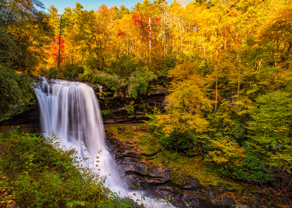 Callasaja Falls is amazing when fall colors ring the huge falls near Highlands, N.C.