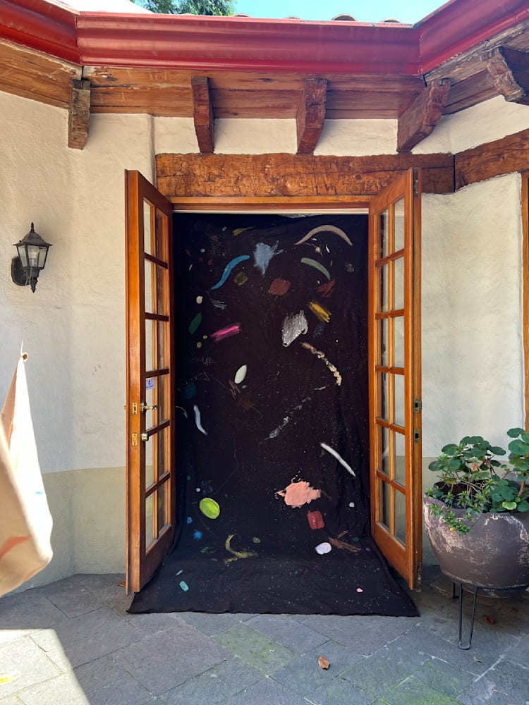 New Home — Installation of mixed media paintings (acrylic, oil pastel, fabric paint, soft pastel, conte, graphite) on dark brown canvas — Jay Lee