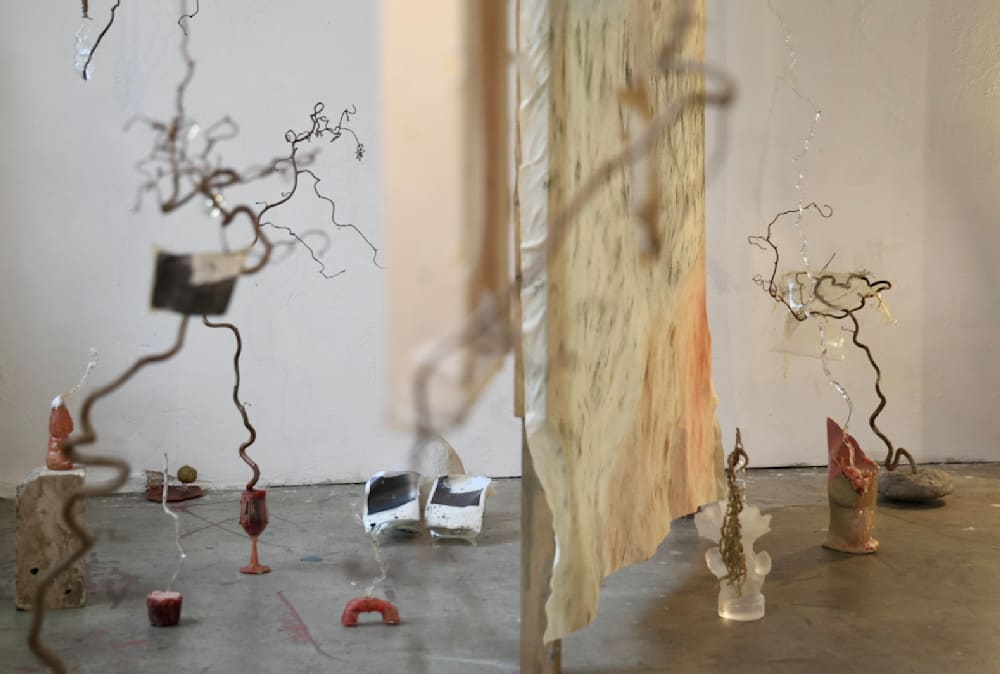 Ordinary Daring I — Glass, plant, clay, wax, natural pigment and rabbit skin glue on canvas, analog photo prints in bioplastic sheet, tree branch — Jay Lee