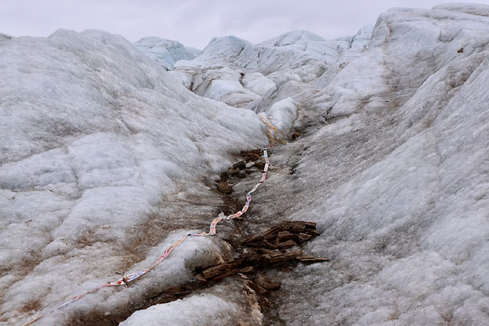 The Path III — Oil sticks and Arctic earth on thermo receipt paper roll, cast glass — Jay Lee