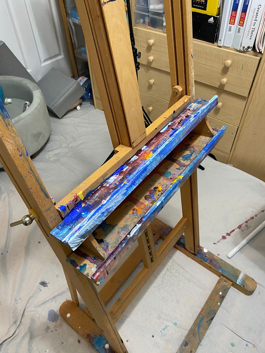 Anne Reid Artist — studio easel in process, layered acrylics and color study