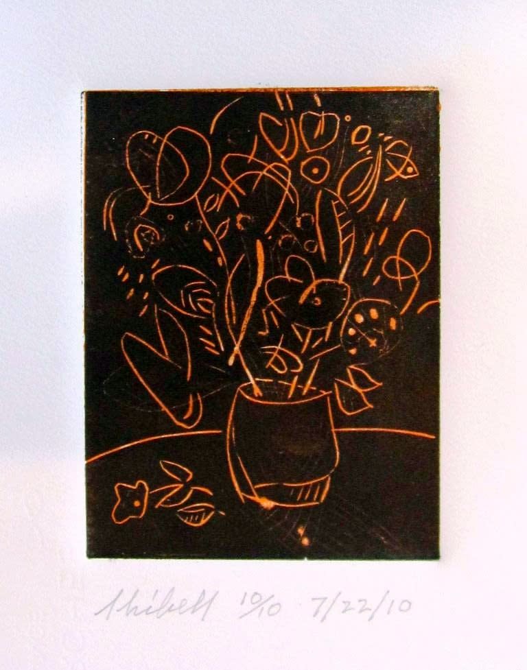 Jerry Skibell, Fallen Flower, two color linocut, 6x4