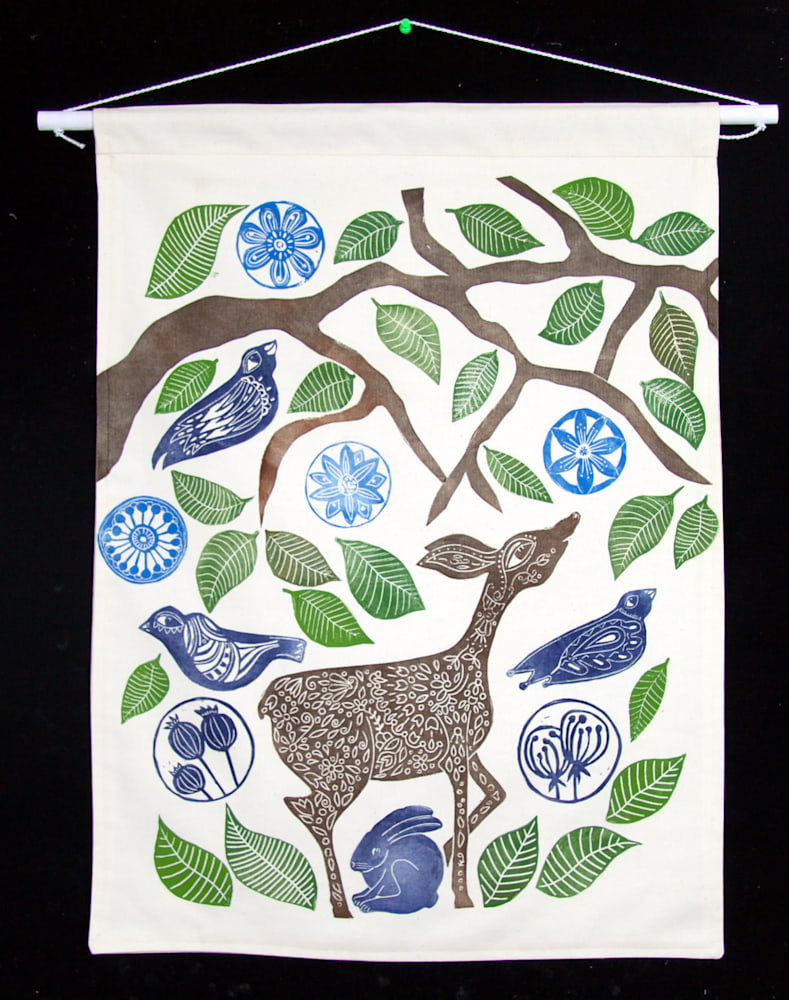 Linocut Printed On Cotton Fabric Ready To Hang With Wooden Rod And Ribbon Wall Hanging Paintings Art Deer Print Forest By Mariann