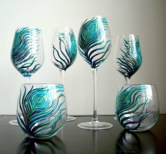 Peacock Feather Stemless Wine glass