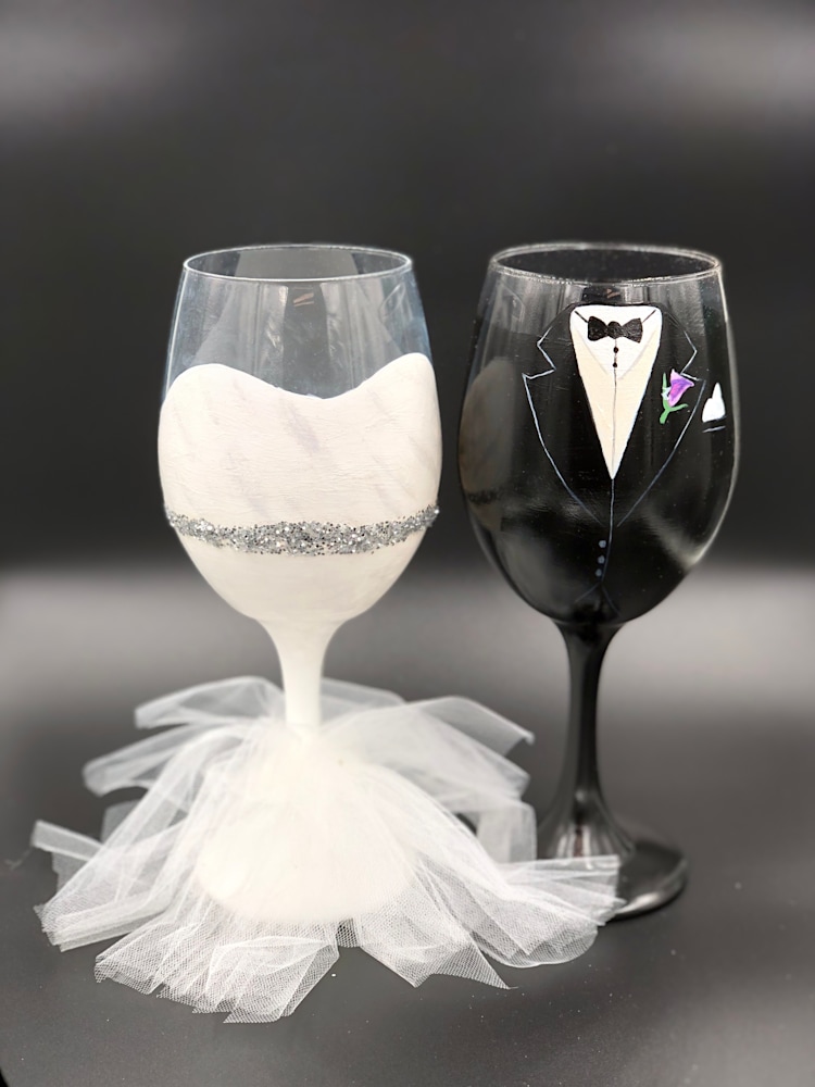 Wine Glass w/Gnome Shaped Stem, Bride and Groom Matching Stemware, Set of  Two