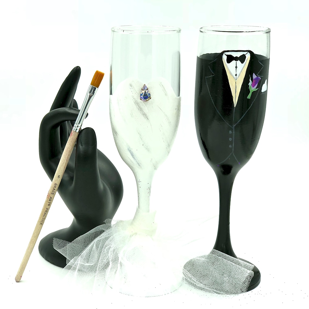 Wine Glass w/Gnome Shaped Stem, Bride and Groom Matching Stemware, Set of  Two