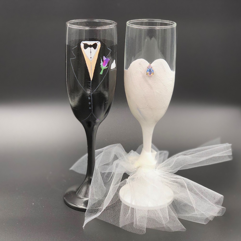 Wine Glass w/Gnome Shaped Stem, Bride and Groom Matching Stemware, Set of  Two