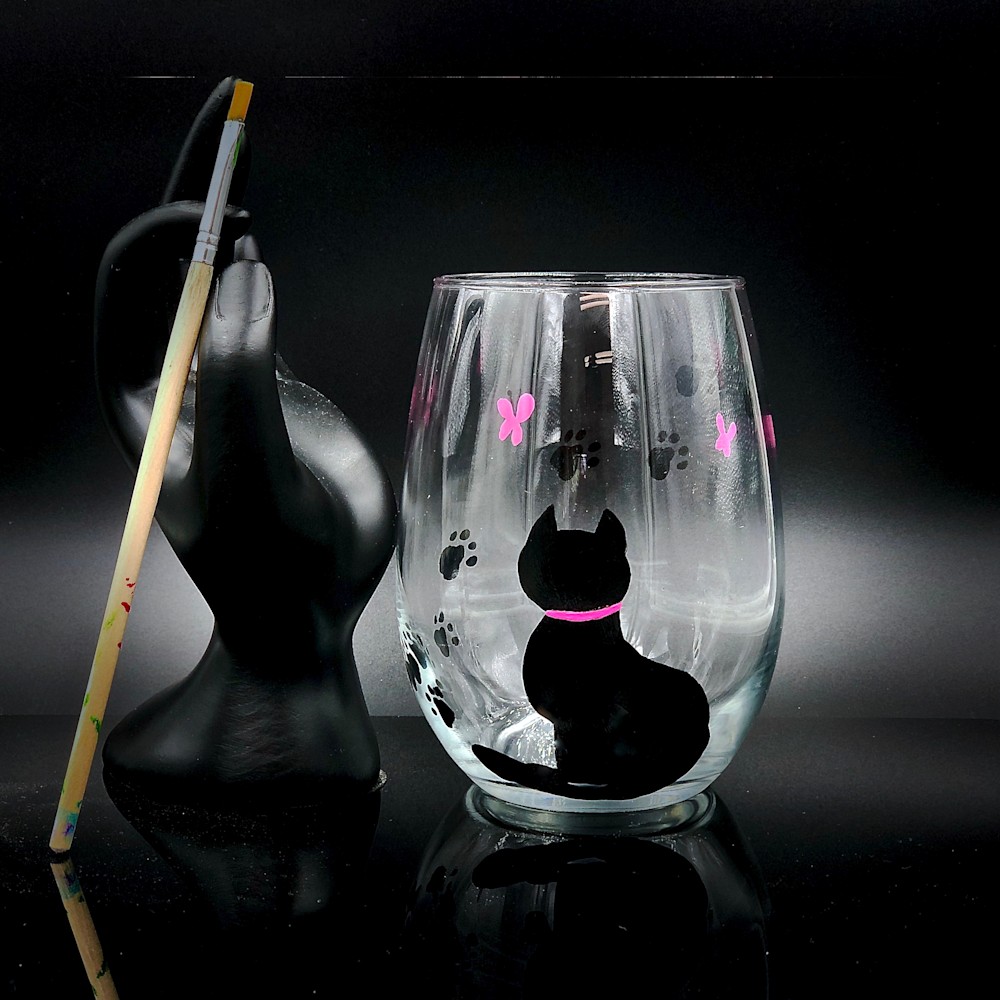 Black Cat Handpainted Stemless Wine Glass Cat Lover Wine Glass Cat