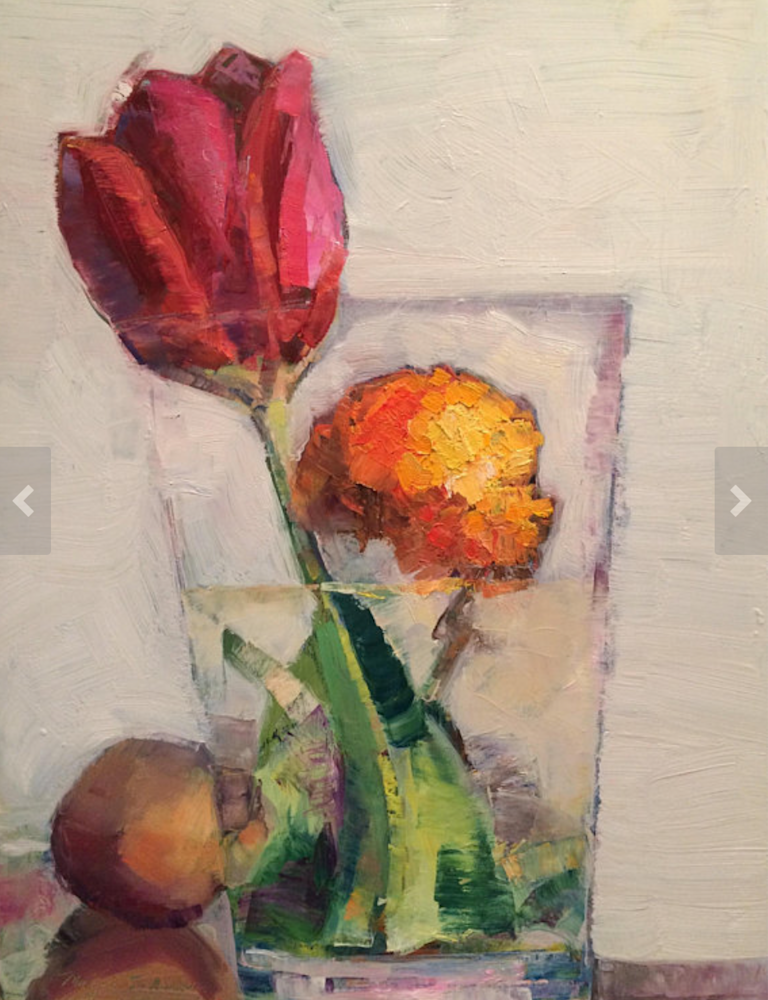 Still Life With Red Tulip Orange Ranunculus Flower And Guava Oil
