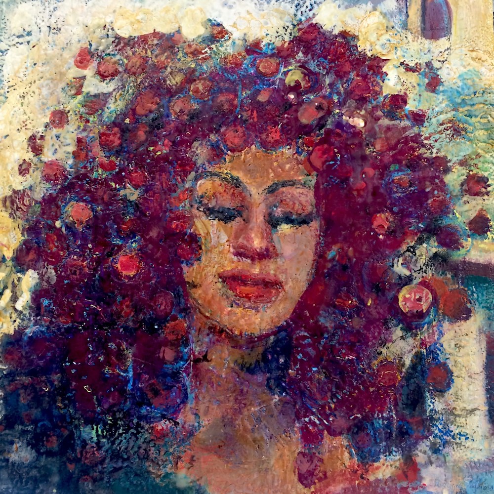 Crown of Glory Radiant Woman With Black Dragon Wisteria Hair, encaustic wax on wood, 24x24 (1)
