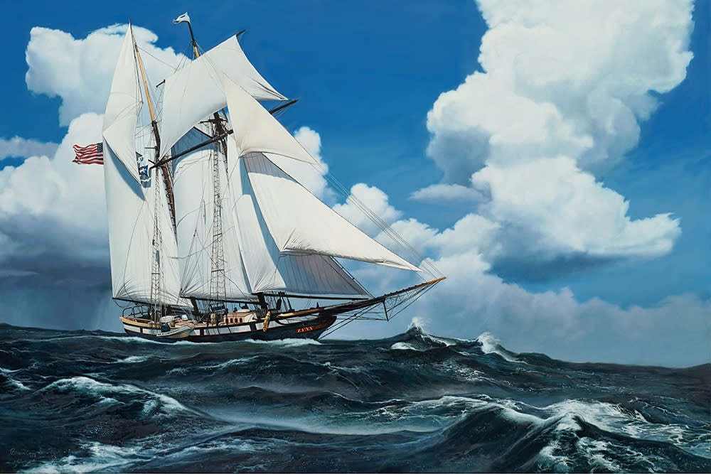 Kevin Grass Schooner Racing the Storm Oil on panel painting